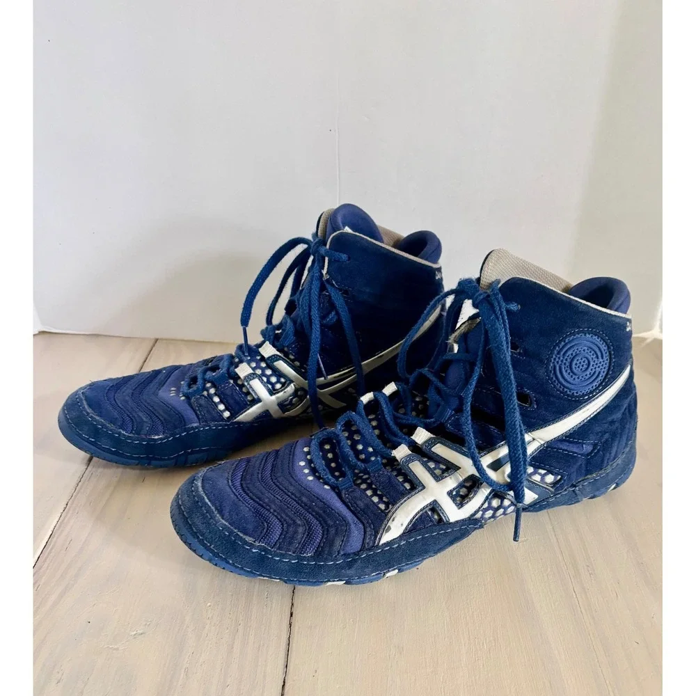 Asics Dan Gable Ultimate Wrestling Shoes Navy Blue Silver J500Y Mens Size 9.5